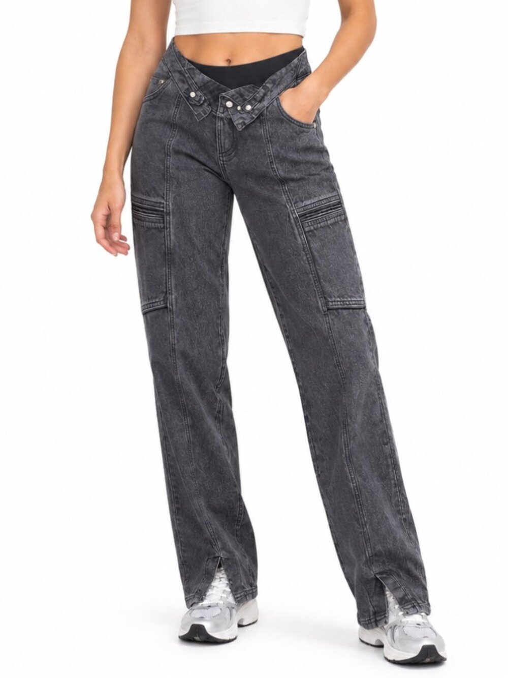 MANIERE DE VOIR Straight-Leg 30" Cargo Jeans Washed Black Sz 6 High Rise Utility